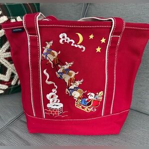 Lands' End Red Christmas Canvas Tote with Santa and Reindeer Design